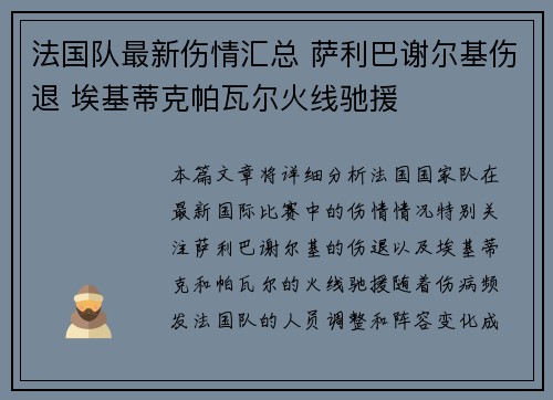 法国队最新伤情汇总 萨利巴谢尔基伤退 埃基蒂克帕瓦尔火线驰援
